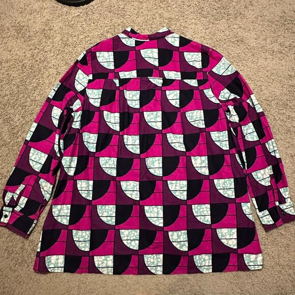 Zuri Magenta Black Geometric Abstract Retro Mod Print Button Up Shirt Top, Large - Picture 7 of 8